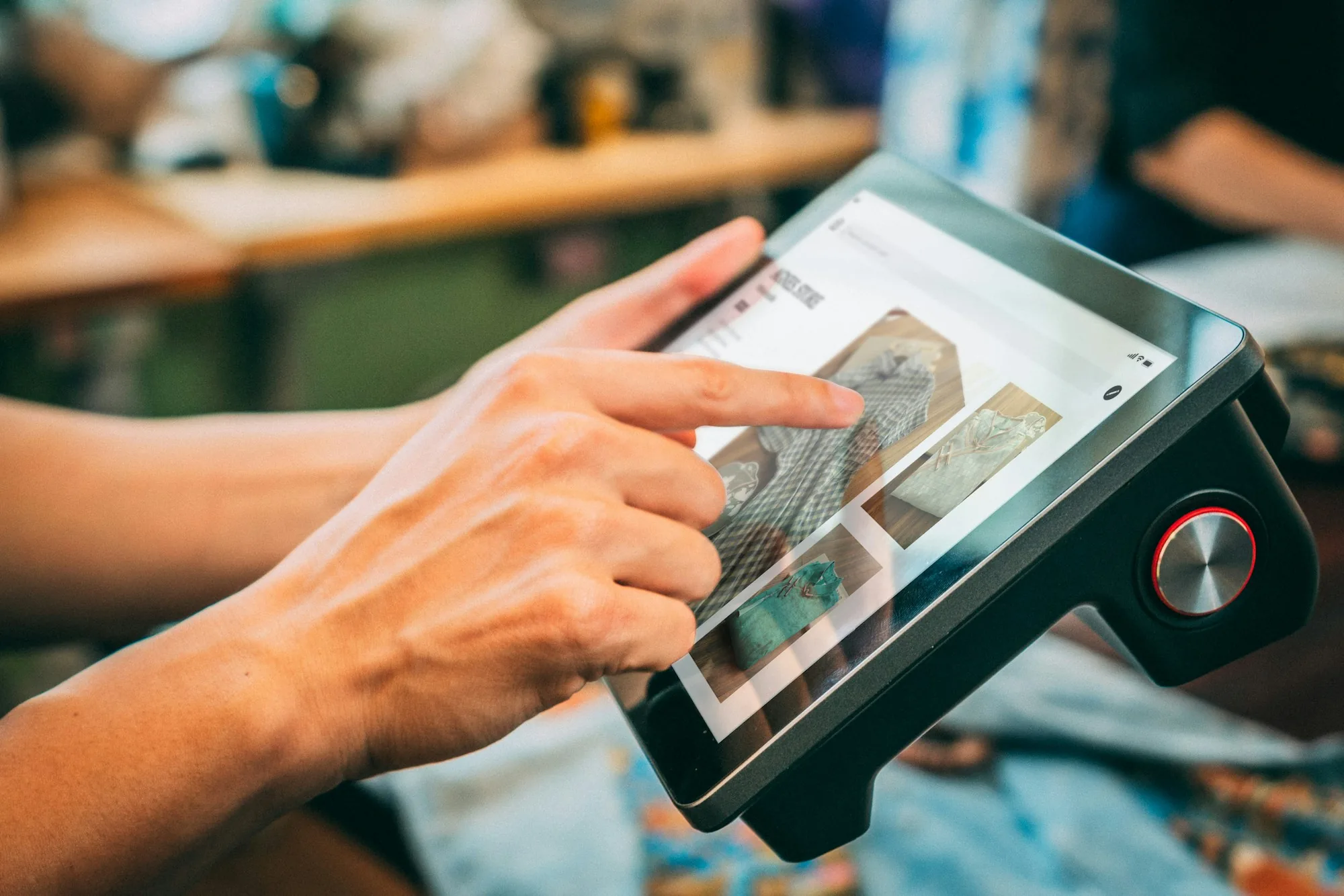 A pair of hands using a touchscreen restaurant ordering tablet in a warm-lit restaurant — the everyday reality of running on a tech stack